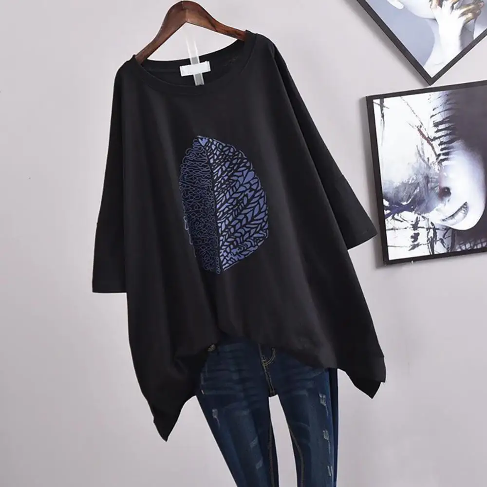 Shorts Sleeve Women T-shirts Casual Loose Top Women Blouse 3/4 Sleeve O Neck Leaf Print High Low Hem T-shirt Blouse Tee Tops