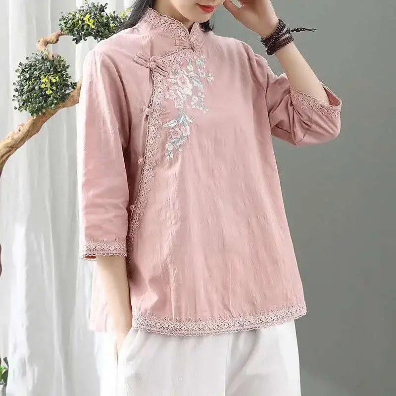 

Embroidery Shirt Women Vintage Cheongsam Tops Hanfu Chinese Traditional Dress Tang Suit Harajuku Zen Tea Button Up Blouses CY214