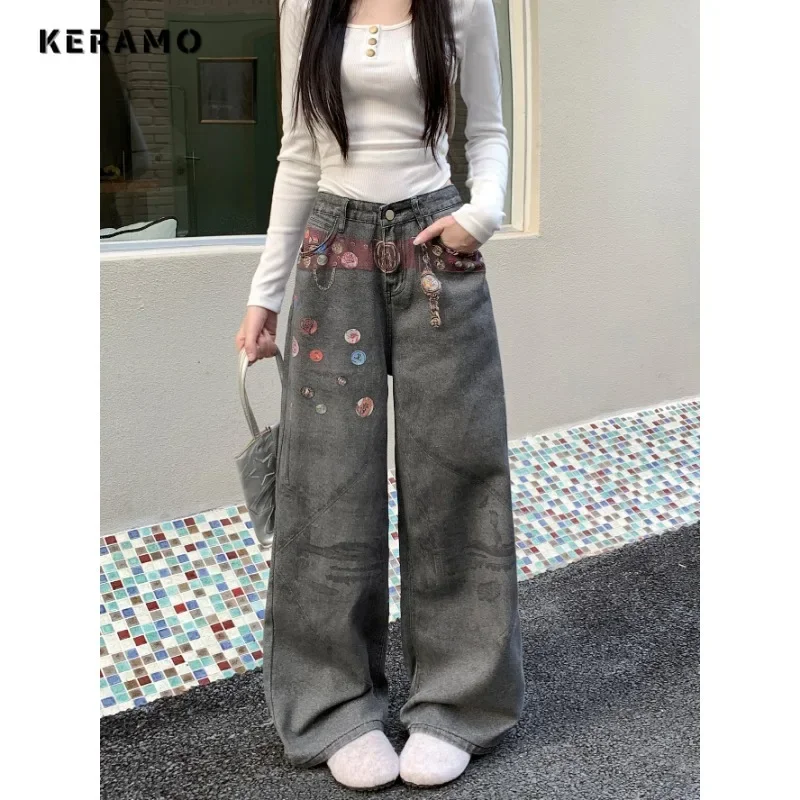 Women's Casual Retro Wide Leg Denim Trouser Harajuku Baggy Emo Appliques Jeans 2025 Winter High Waist Y2K 2000s Sweet Pants