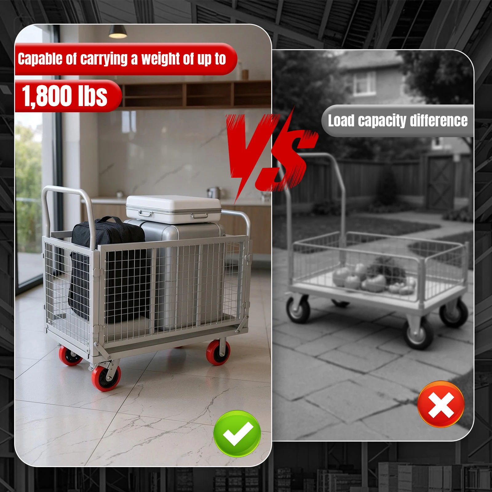 Camión de plataforma resistente 5 en 1 con jaula, carrito plano plegable, carrito de cesta versátil con soporte de carga de 200kg para supermercado y hogar