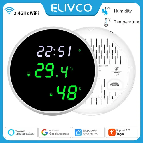 Sensor inteligente de temperatura y humedad para interiores, higrómetro, termómetro con retroiluminación, pantalla LCD, compatible con Google Home y Alexa, WiFi, Tuya