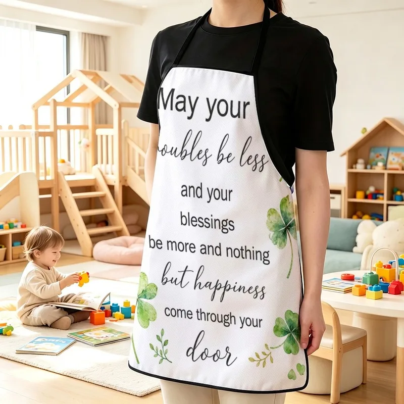 1PC【Apron】2DFlat effect，Printed with watercolor four-leaf clover designs paired with inspirational English blessings，Durab