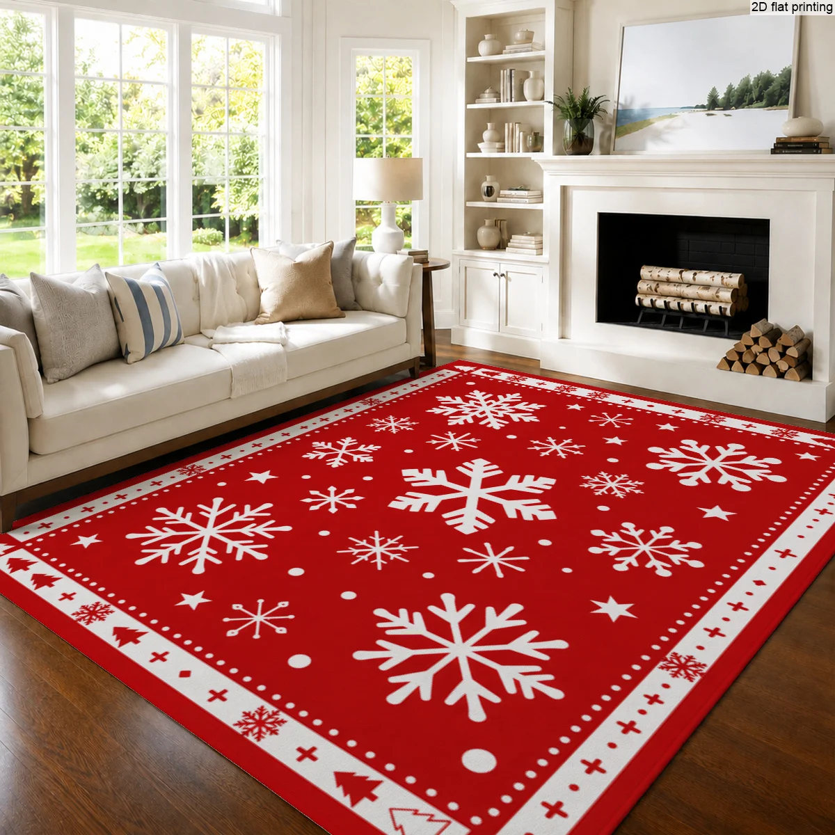 1pc Large Red Background Christmas Rug with White Snowflakes, Stars & Tree Pattern, for Living Room, Bedroom, Festive Home Decor