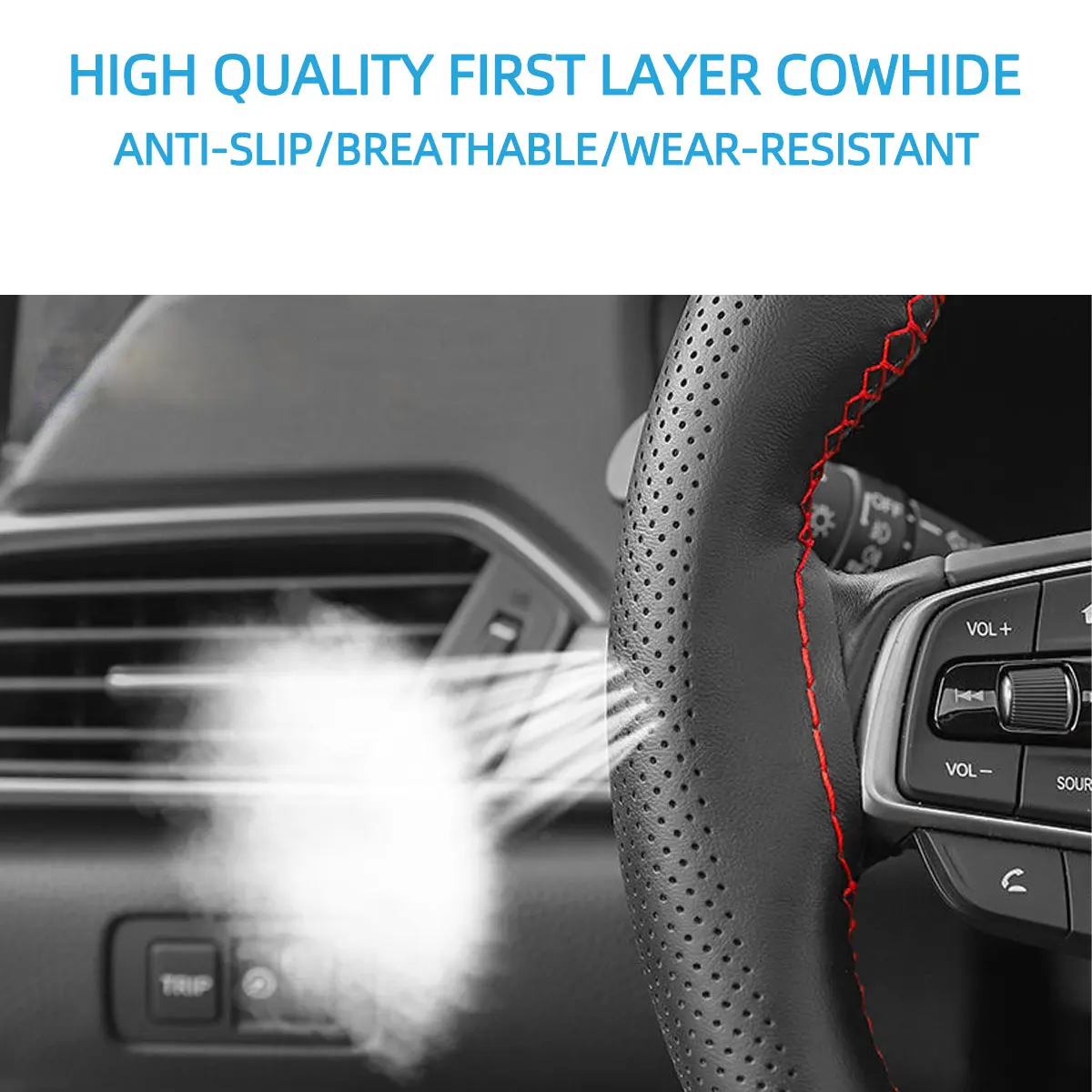 Genuine Leather Car Steering Wheel Cover with Needles Thread DIY Braid 37 38cm Anti-Slip Cowhide Steer-Wheel Protector