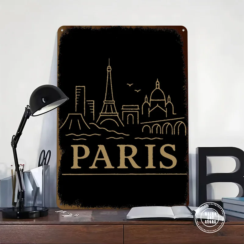 Paris Skyline Minimalist Illustration 3D Texture Printed Poster Custom Vintage Metal Tin Plate Sign for Wall Art Desk Decor Room