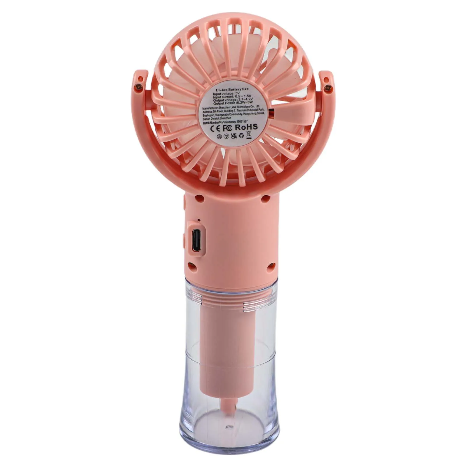 Portable Rechargeable Misting Fan with Quick 2 Hour Charging and 68 Hours Operation for Personal Cooling in Outdoor Settings