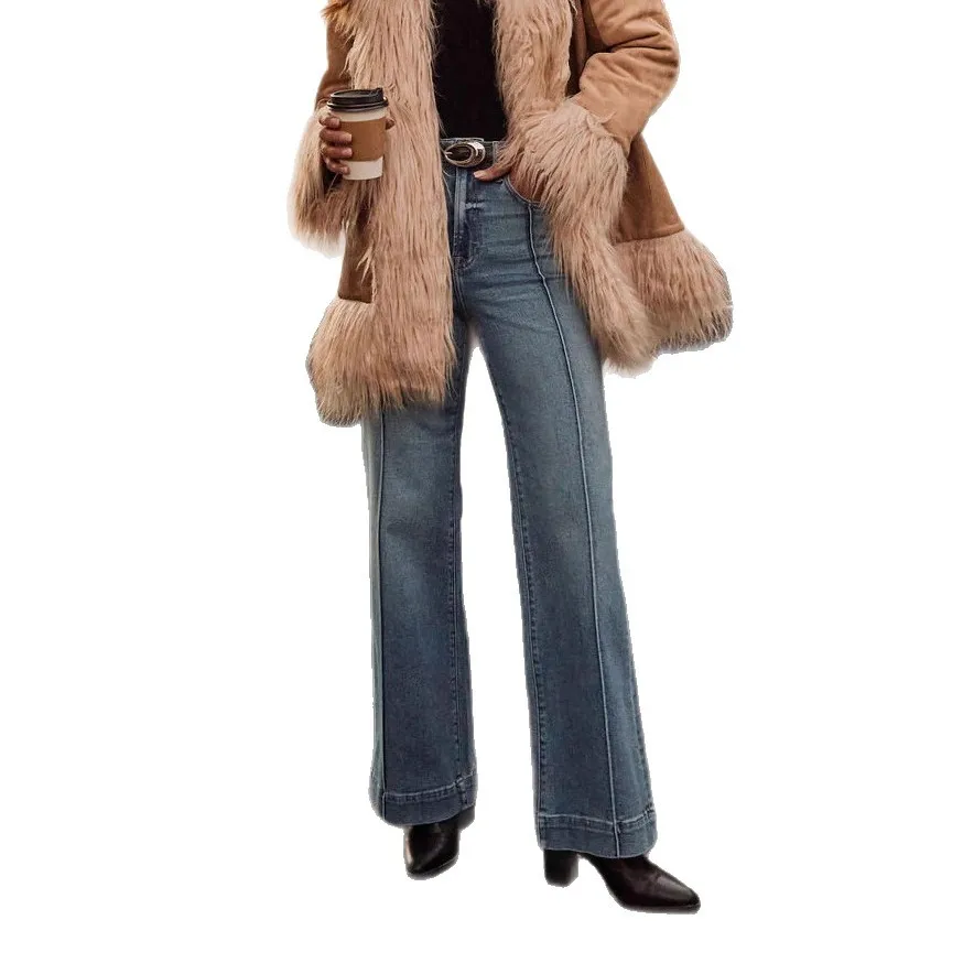 Damskie spodnie z szerokimi nogawkami, jeansy vintage, spodnie z średnim stanem, elastyczne, sprane, postarzane, z kieszeniami, codzienne, do biura, dżinsy, długość do podłogi.