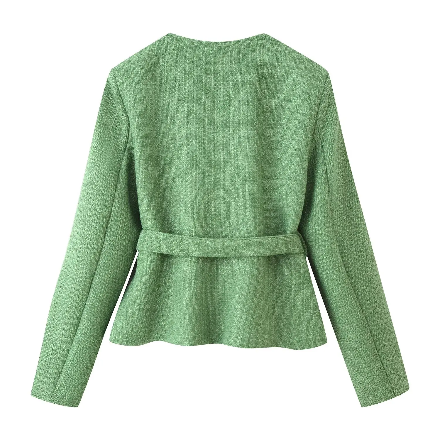 Fashionable Versatile round Neck Belted Jacket Coat Coarse Weave Waistcoat Style Women's Short Outerwear Polyester Material