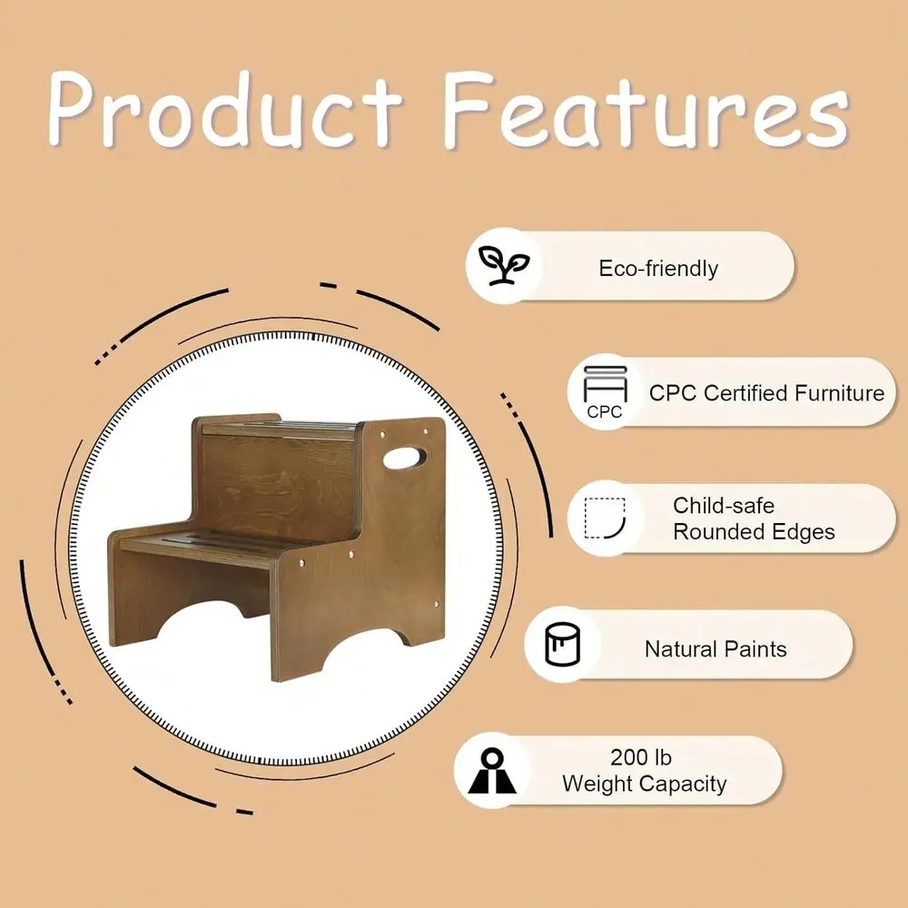 

Step Stool, Wooden 2 Step Stools For Bathroom Sink Potty Training Kitchen Dual Height Stool Helper For Kids Bonus NonSlip Pads