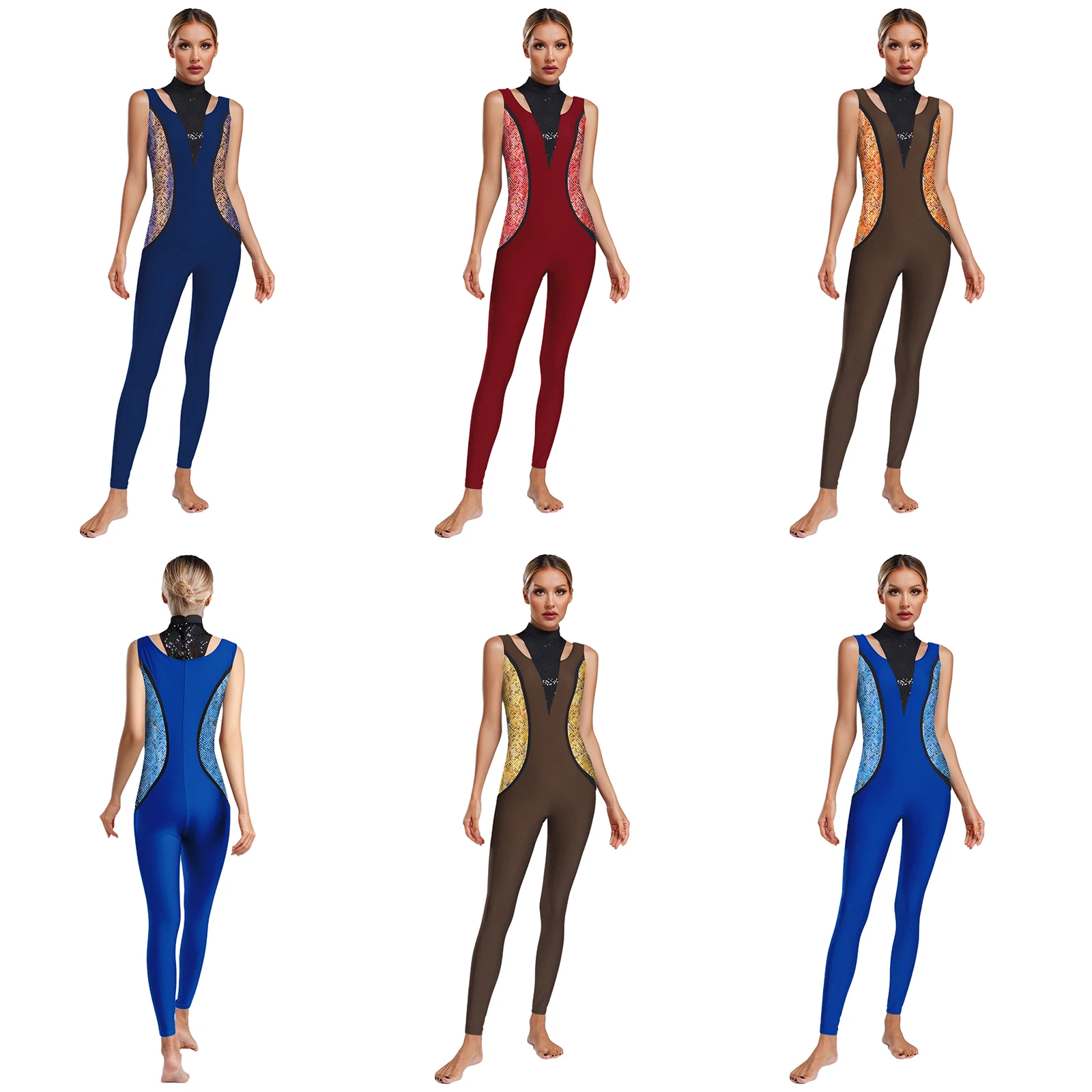 Sleeveless Rhythmic Gymnastics Ballet Dance Figure Skating Costumes Snakeskin Print Jumpsuit Sparkly Sequin Bodysuits for Womens