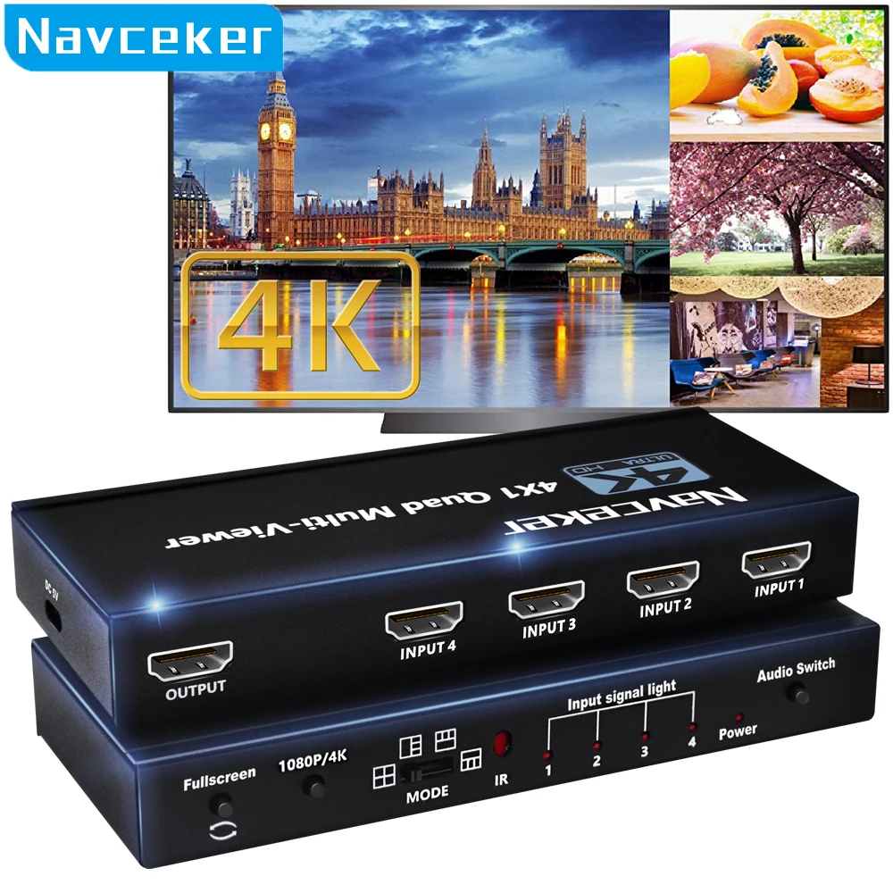 HDMI Multiviewer Switch 4x1 HDMI Quad Seamless Switcher 4 in 1 Out Support 4K 30Hz 5 View Modes for PS4 Camera PC To TV Monitor