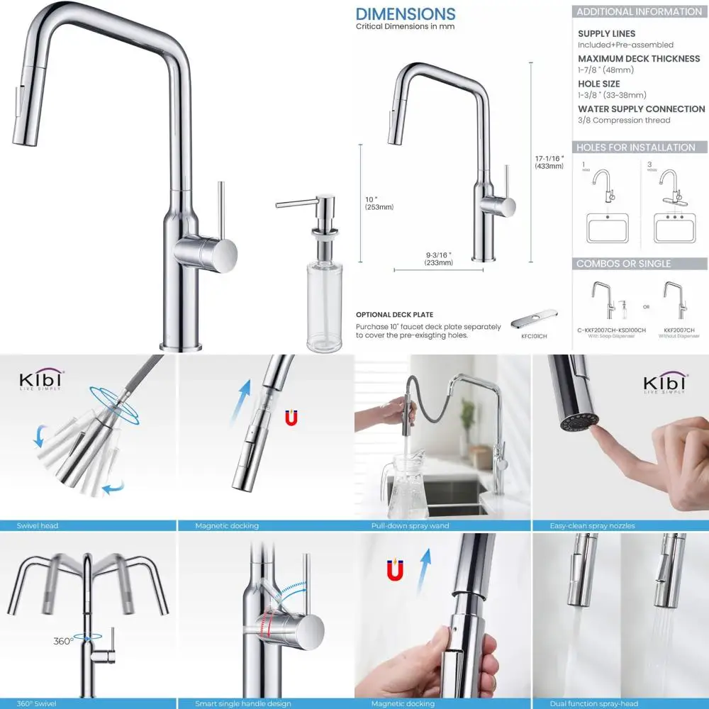 

Kitchen Sink Faucet with Pull-Down Spray and Soap Dispenser - High Arc Solid Brass, 360-Degree Swivel, Single Handle