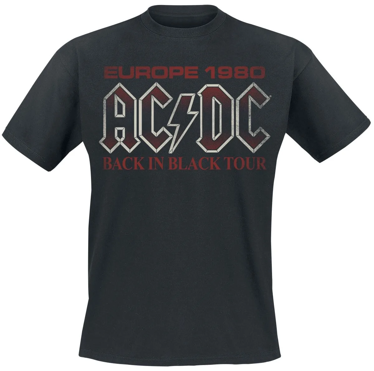Camiseta con cuello redondo y espalda AC/DC en negro Tour de Europa de 1980 Retro Creative - Gráfico inspirado con arte rock para fanáticos