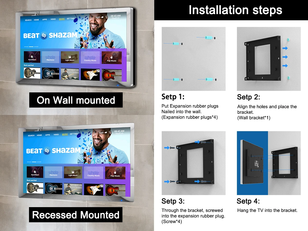 4K HD LED Smart TV Waterproof Mirror TV with WiFi, Bluetooth, Android System for Bathroom, Kitchen and Outdoor