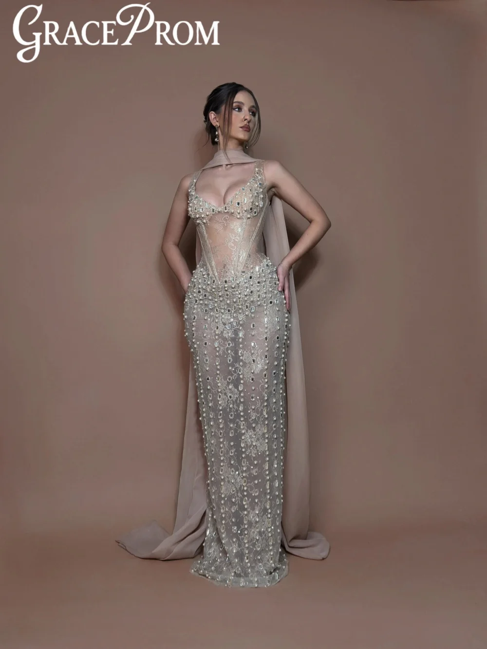 

Иллюзионное изысканное вечернее платье с хрустальным жемчугом, элегантное прямое вечернее платье длиной до пола, новое платье для красной дорожки по индивидуальному заказу