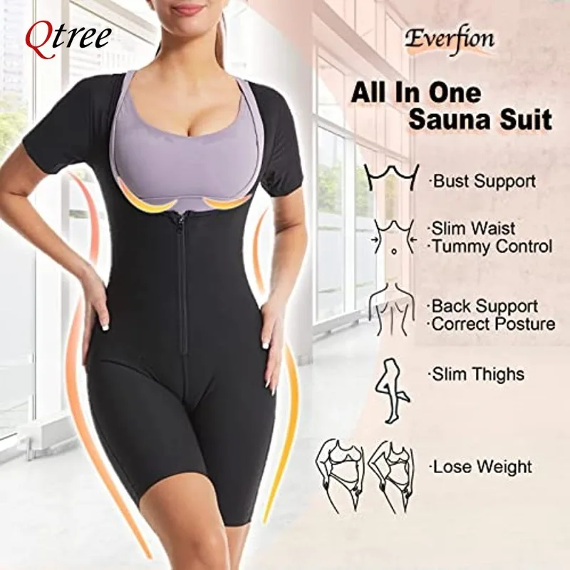 Qtree Womens Sauna Suit for Weight Loss Full Body Shaper Shapewear Bodysuit Sweat Slimming Workout Waist Trainer with Sleeves