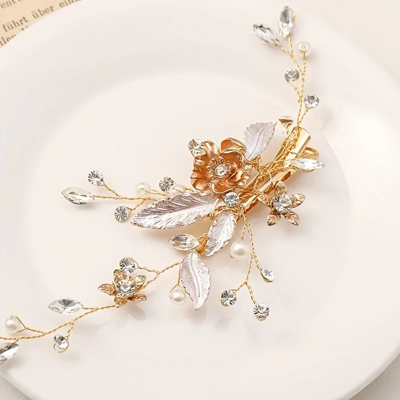 Trendy Gold Silver Color Flower Leaf Crystal Hairpin Headband Tiara Bridal Wedding Hair Accessories Headpiece Jewelry Ornaments image 5
