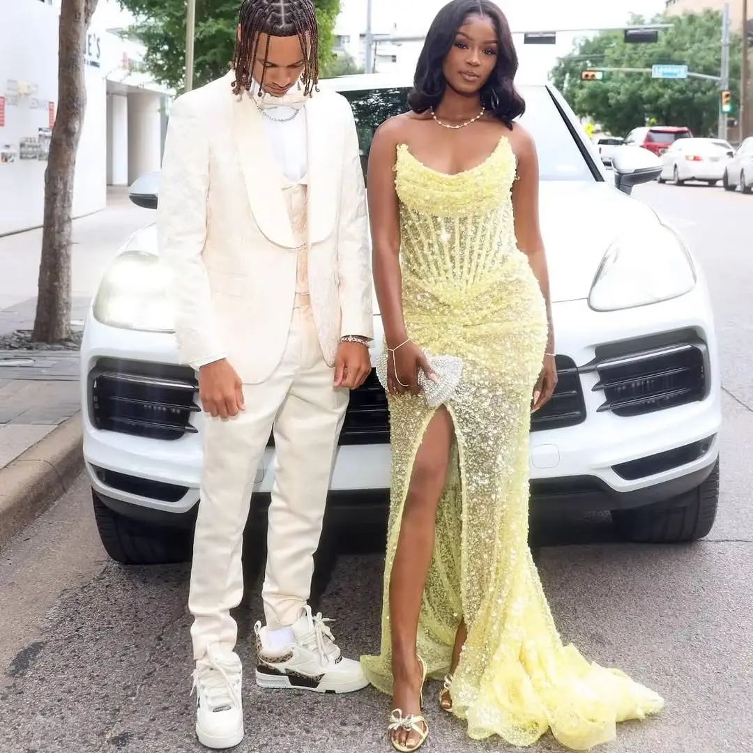 

2025 Shiny Formal Gown Sparkle Crystals Beaded Yellow Lace Evening Dresses for Women African Wedding Party Birthday Aso Ebi