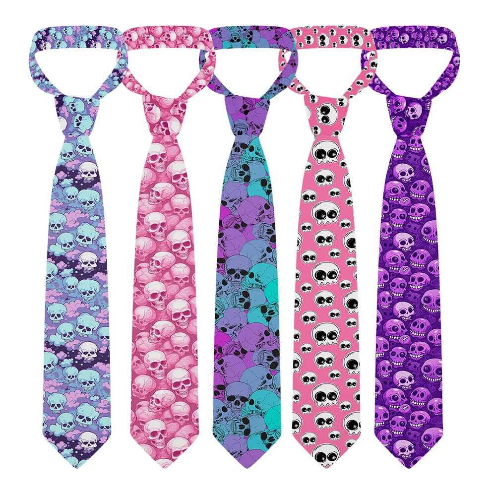 New Skull Print Tie Fashion Pink Purple Ladies Tie Casual men's tie 8 cm wide tie wedding party accessories Halloween cosplay