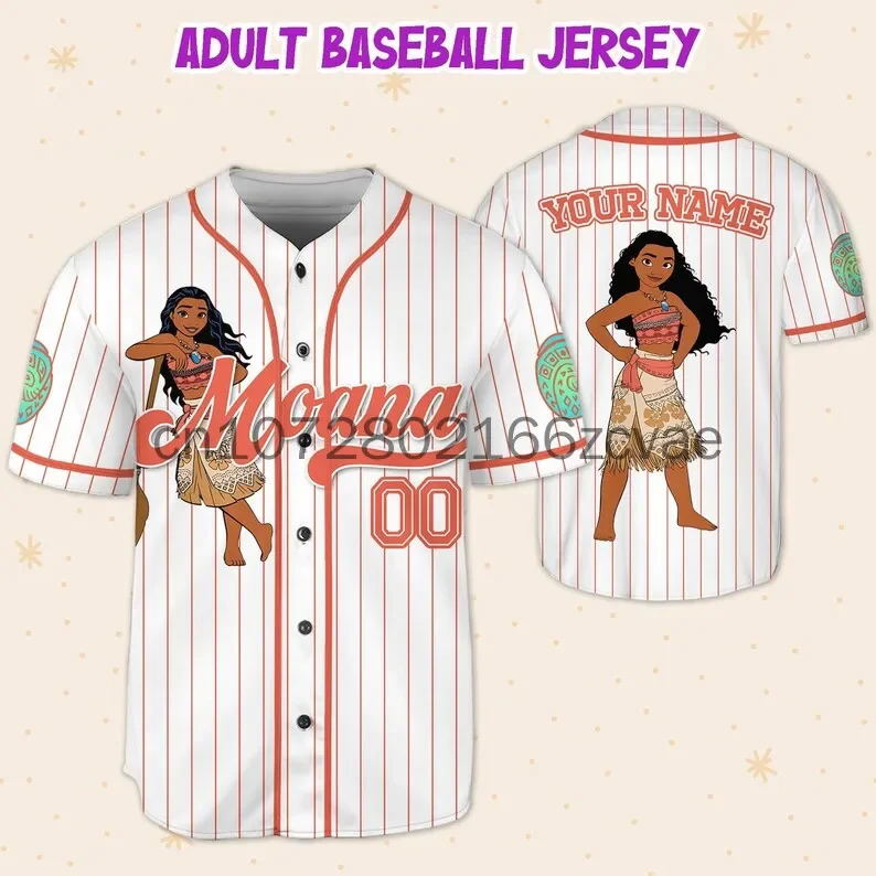 New Disney Moana Princess Baseball Jersey Outdoor Sports Style Casual Jersey Men's and Women's Custom Name T-shirt