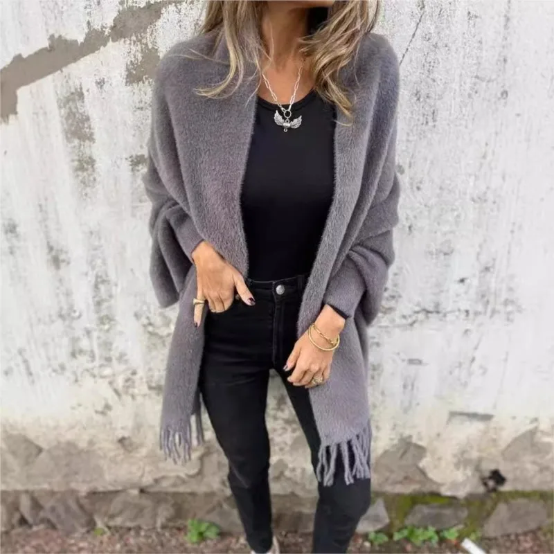 Women Loose Knit Plush Tassel Cape Shawl Imitation Mink Fleece Sweater Cardigan Knitted Fringed Shoulder Coat Autumn Winter New