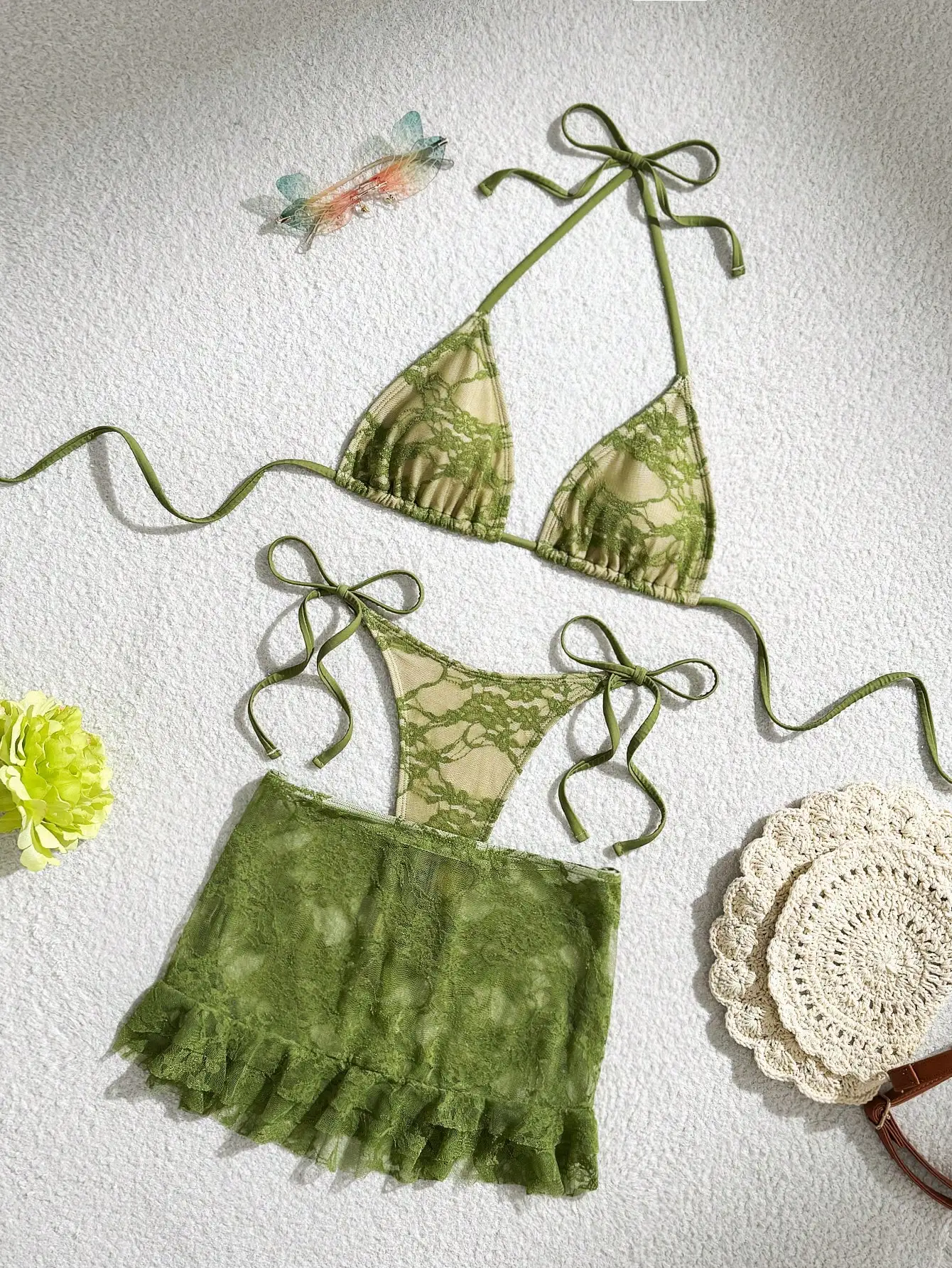 

3pcs Women Green Lace Flounced Mini Skirt Triangle Cup Tanga Bikini Set For Beach Vacation