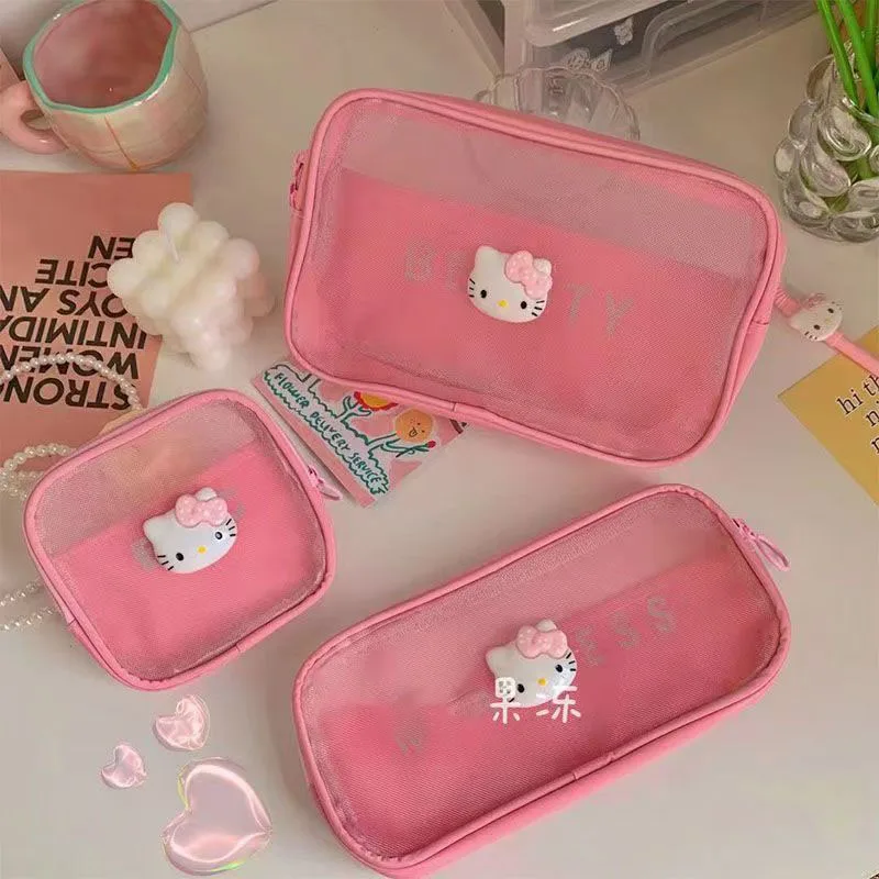 Hello Kitty Mesh Makeup Bag, Transparent Portable Cosmetic Organizer, Travel Storage Bag.