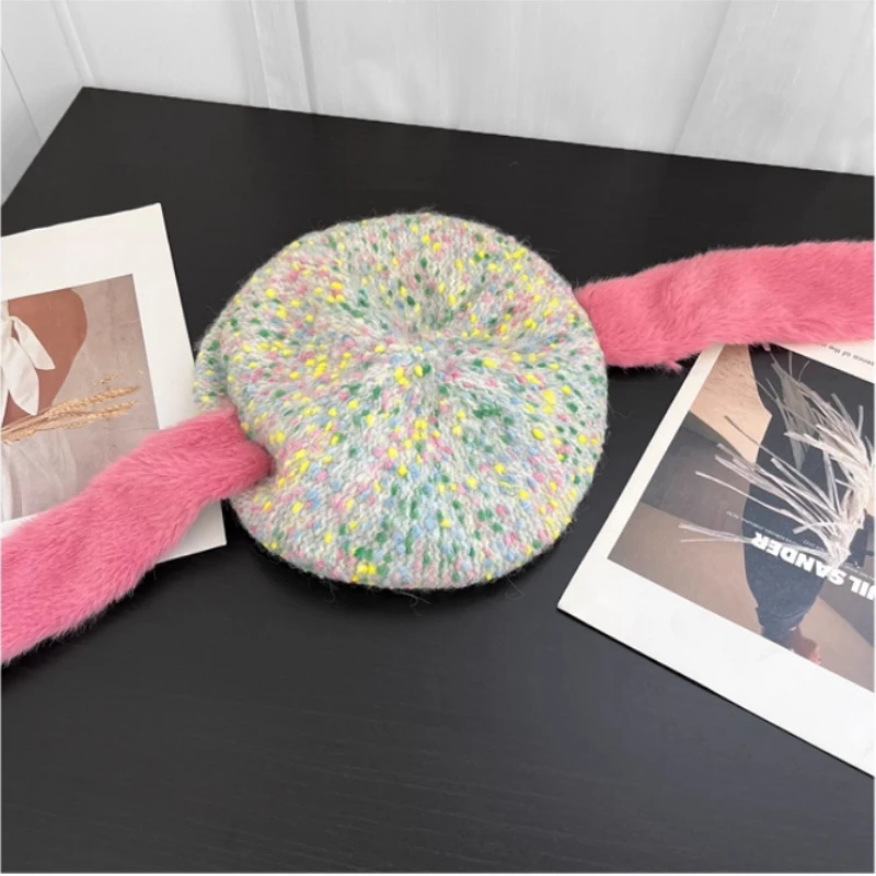 الكورية Ins لطيف مختلط اللون أرنب الأذن محبوك القبعات قبعة المرأة الخريف والشتاء الدافئة ومتعددة الاستخدامات Y2k قبة الرسام قبعة