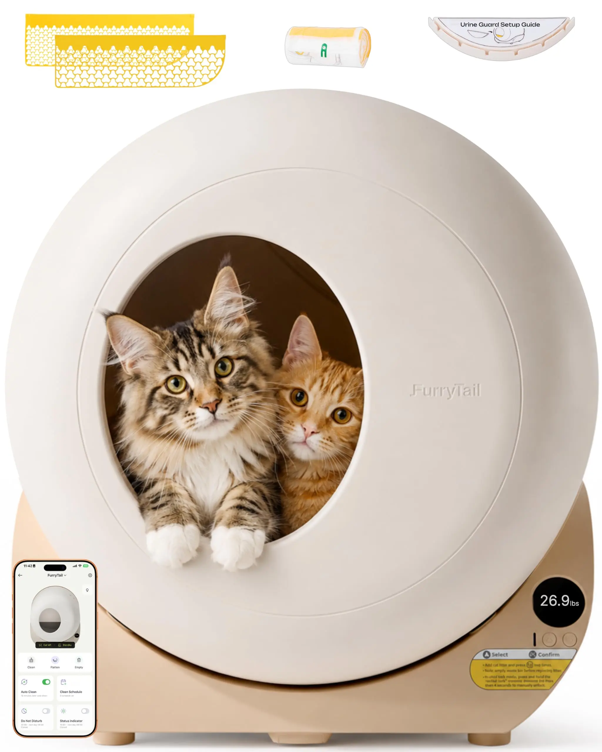 Automatic Litter Box Self Cleaning with Night Light, Cream