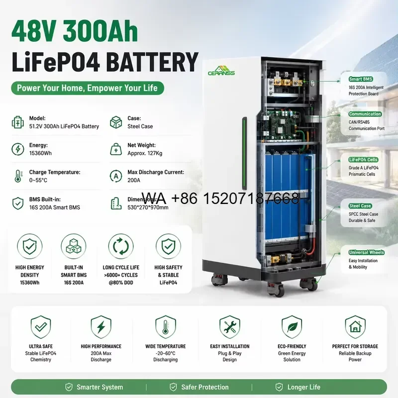 Wmwmnu for CERRNSS 48V 300Ah 200Ah 100Ah Solar Lithium LiFePO4 Battery Pack 10kwh 15kwh 30kwh Home Energy Storage System