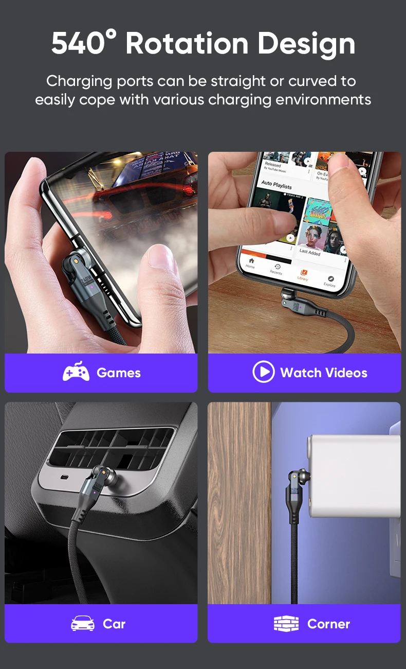 240W USB C to USB C Cable,Dual Head 540° Rotation 5A PD Fast Charging Cord,Nylon Braided Data Wire for iPhone 16,Samsung Galaxy