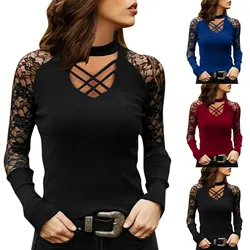 Floral Lace Long Sleeves Sexy Women Tshirts Fashion Hollow Out Cross Bandage Crew Neck Slim Elegant Women Blouse Black Top Blusa