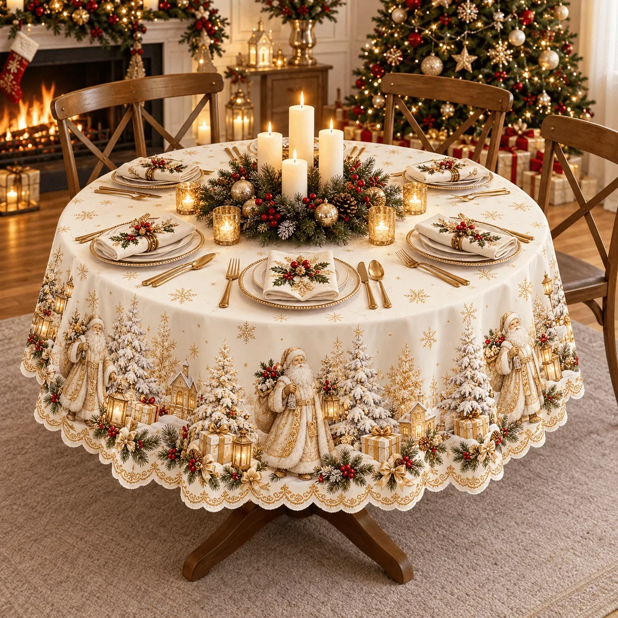 1 round tablecloth, Christmas beige gold polyester tablecloth, vintage Santa snowflake pine print, exquisite wavy lace design