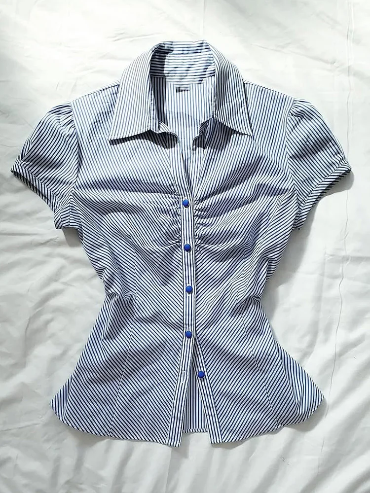 

Original Lazy Loose Blue Stripes irt f Sp Girl High End Unique Cotton Blend French Sle Women's Summer Faion Top