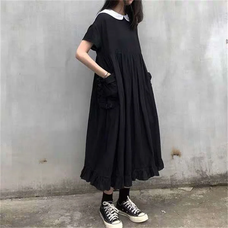 Gothic Black Dress Women Peter Pan Collar Pullover Lolita Kawaii Mori Girl Japanese Style Fairy Puff Sleeve Dress Fashion Party