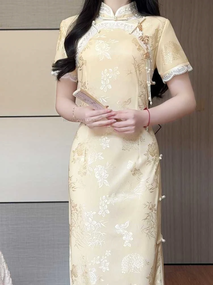 Improved Short Sleeve Jacquard Cheongsam Retro Elegant Young Girl Chinese Style Yellow Lace Splicing Dress Autumn New Dress