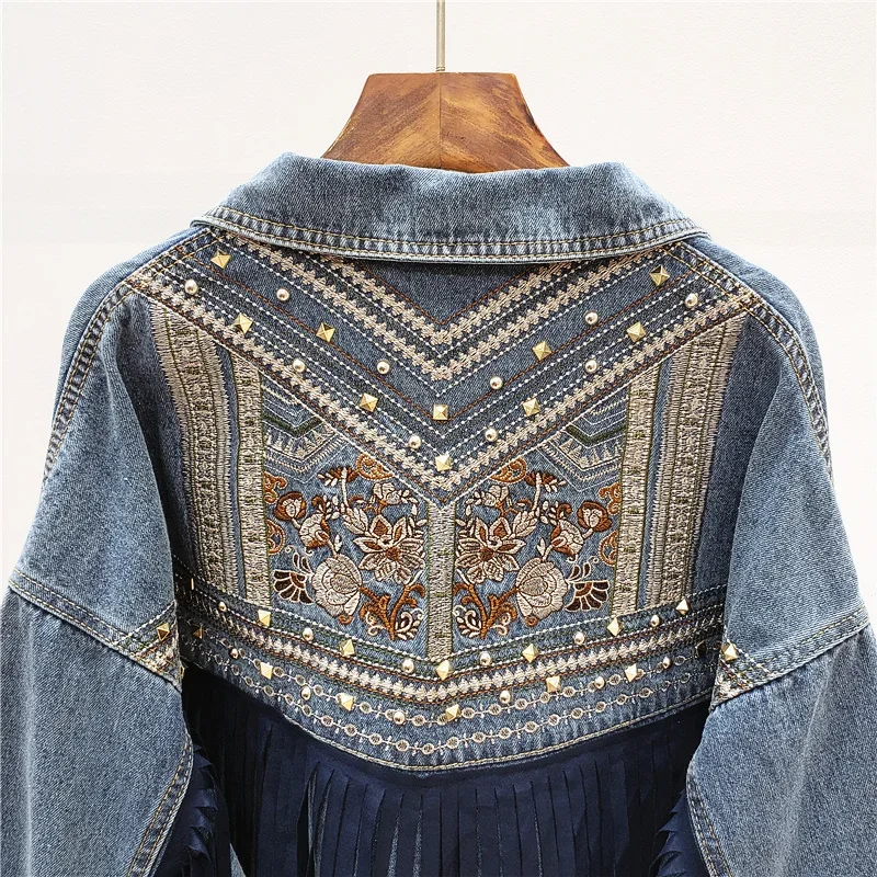 Denim Jacket Korean Floral Embroidery Suede Fringe Loose Chaquetas Mujer Coat Long Sleeve Outerwear Jacket Women  Femme