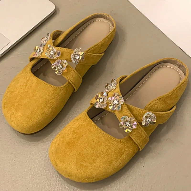 

Тапочки с круглым носком, женские модные замшевые туфли из коровьей замши с пряжкой и кристаллами, мягкая подошва, противоскользящие износостойкие туфли на плоской подошве