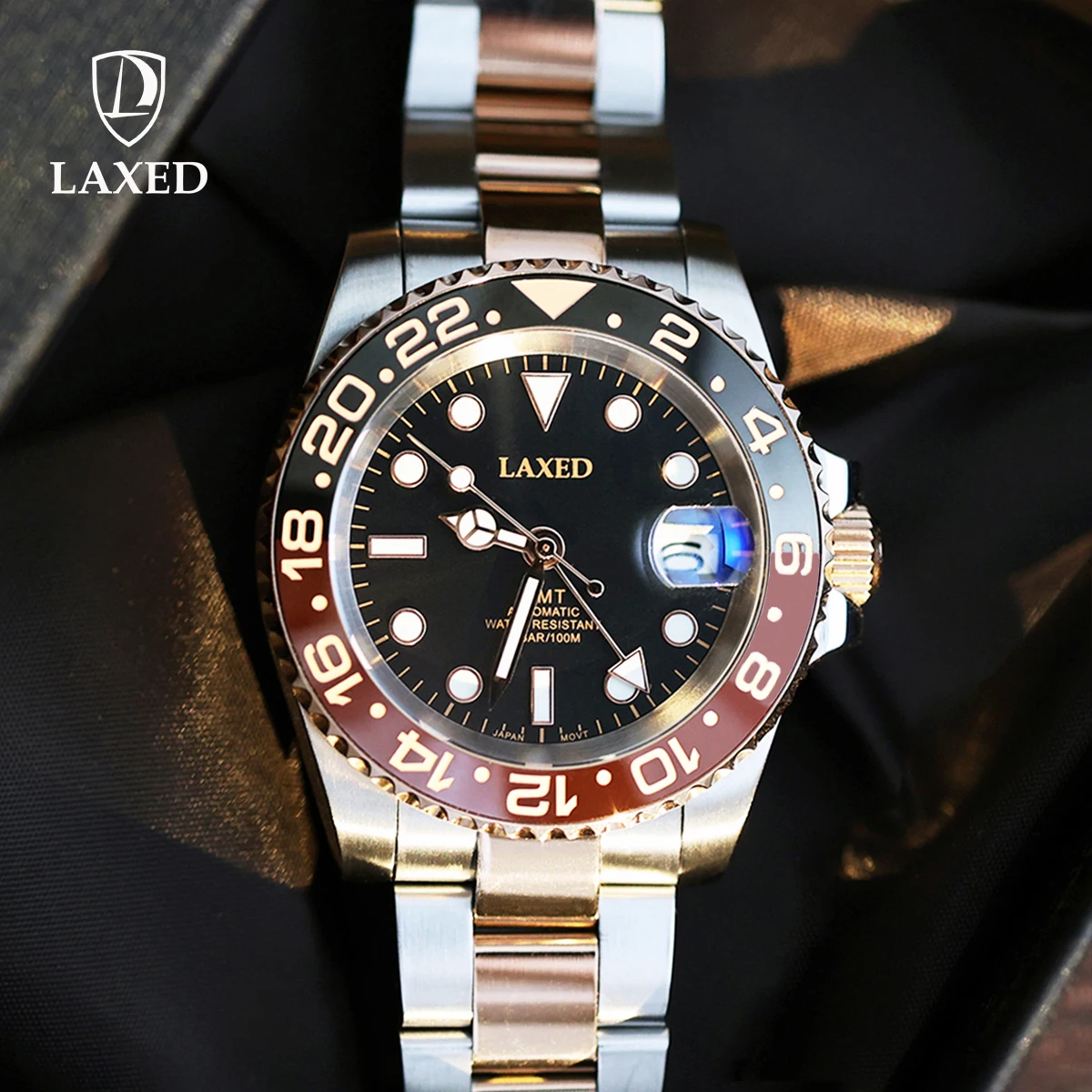 

L﻿AXED 40mm New NH34A Men's Automatic Watch GMT Luminous Black Dial Sapphire Crystal Automatic Date Bracelet Rotating Glass