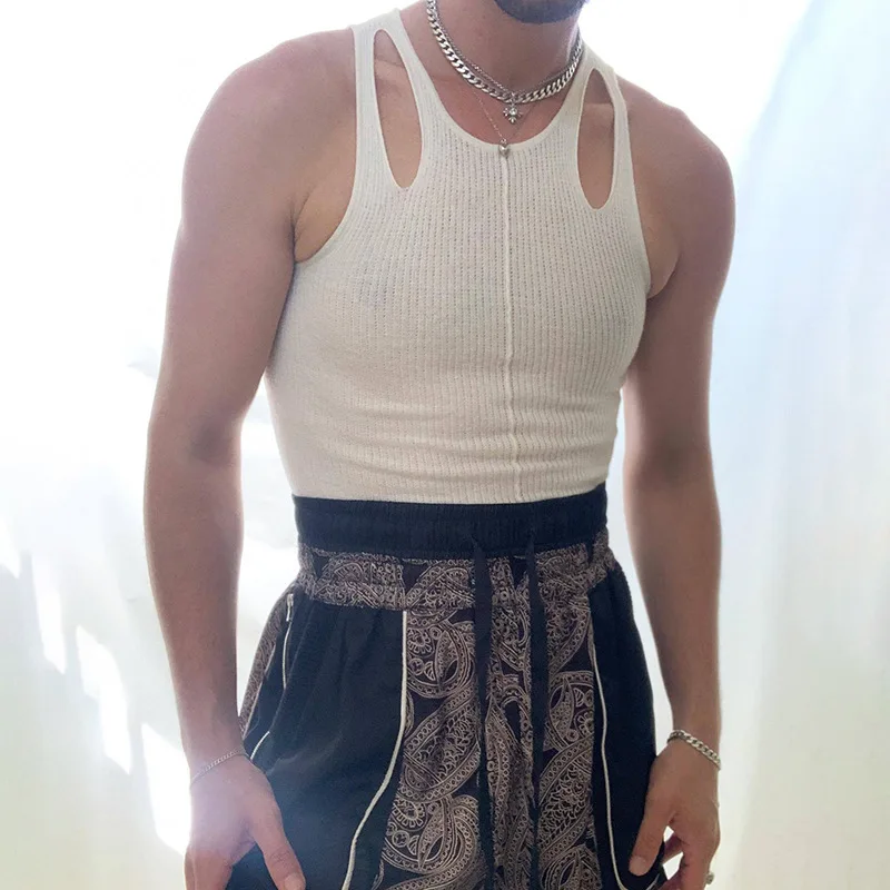 جديد الرجال سترة الصيف ثقب جوفاء تصميم محبوك تانك الأعلى أكمام الصيف أزياء الدبابات القمم