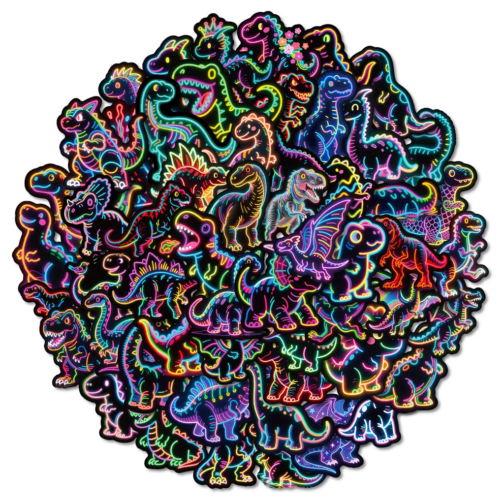 56Pcs New Neon Dinosaur Cartoon Doodle Stickers, Colorful Dinosaur Non‑repeat Decals for DIY Aesthetic Giajar Sticker Store