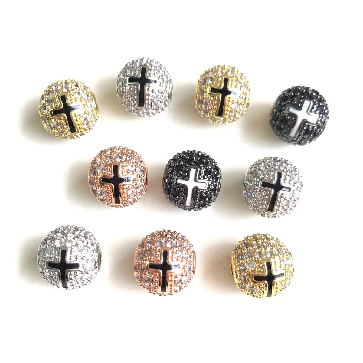 10pcs/Lot 10mm Enamel Cross Zirconia Paved Ball Spacers Beads for Bracelet Necklace Earring Waist Jewelry Making Accessories