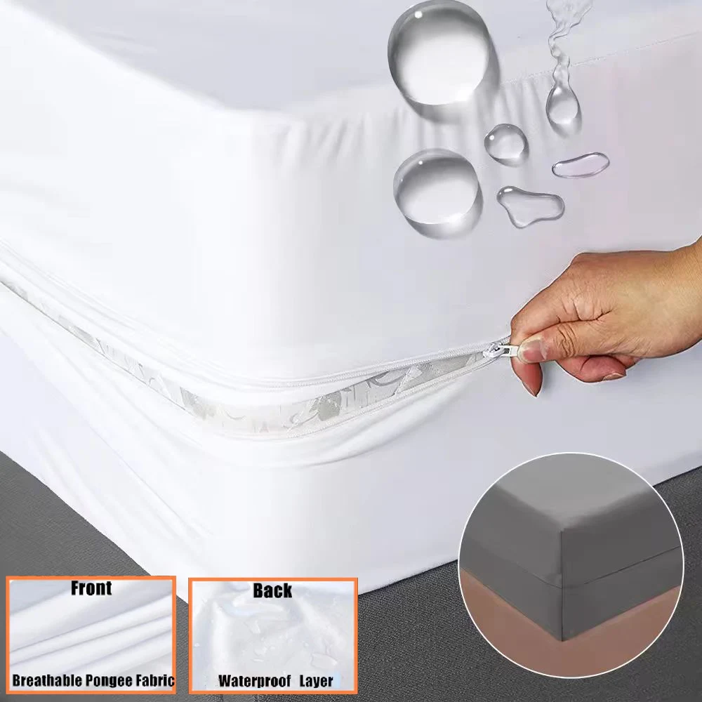 Fully Enclosed Waterproof Fitted Sheet with Zipper 6-Sides Dust-proof Mattress Cover for Double Bed, Twin, Full, Queen, King