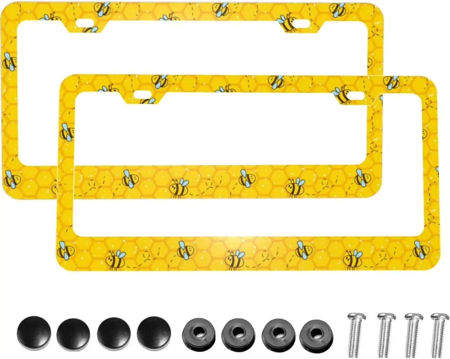 2 Pieces Cute Bees and Honeycombs Aluminum Metal License Plate Frame with Screw Caps 2 Holes License Plate Frame Car Tag