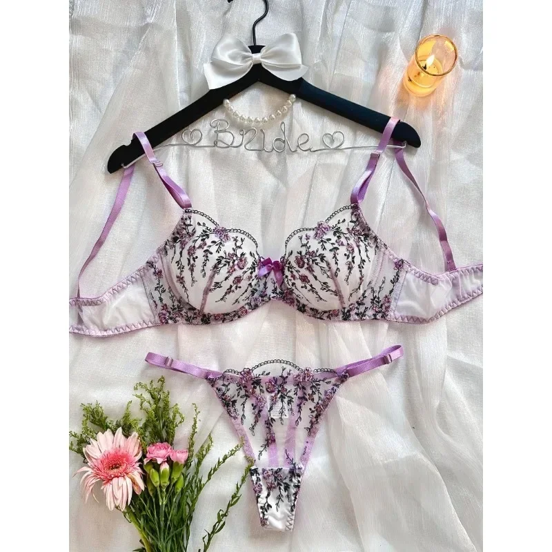 CHUANGERM Sexy Lace Embroidery Floral Transparent Lingerie Sheer Exotic Bra Brief Set Fairy Seamless Underwear Bra Set for Women