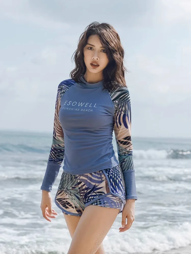 

Новый женский спортивный слитный купальник 2025 года с длинным рукавом для термальных источников, раздельный дизайн для плавания и фитнеса