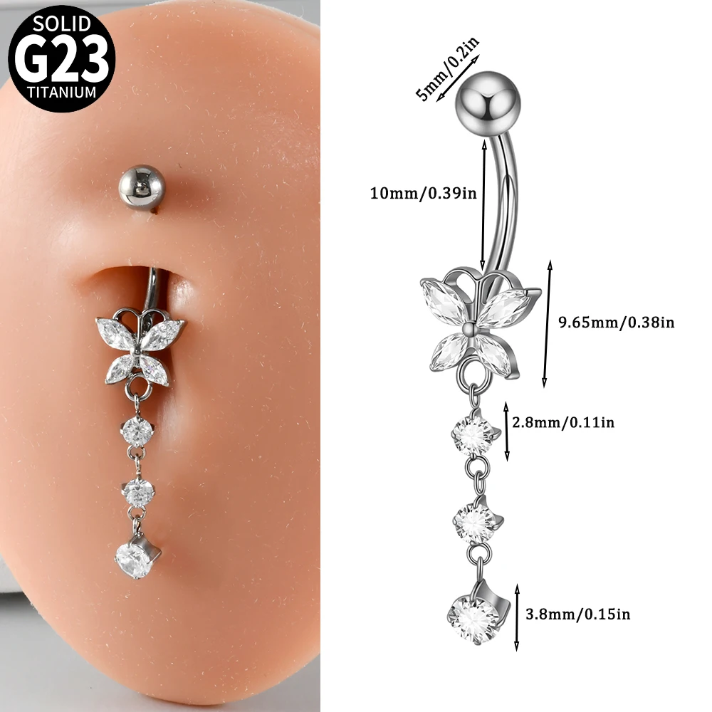 5/1 Stück CZ Marquise Schmetterling & Blumen Zirkonia Bauchnabelpiercing 14G G23 Massives Titan Innengewinde Bauchnabelpiercing Ring – Detail 4