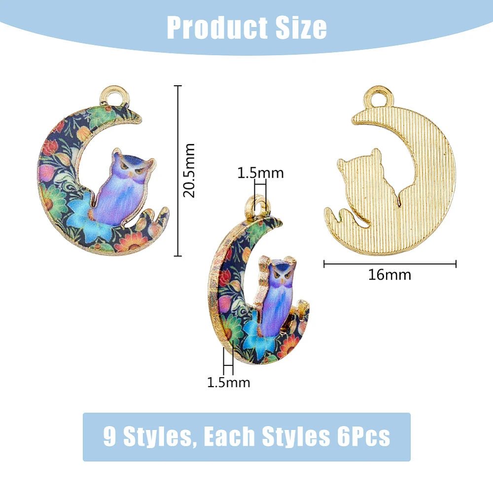 54Pcs Celestial Owl Pendants Lunar Owl Charms Night Sky Inspired Charms Cosmic Theme Pendant Printed Alloy Jewelry Charms