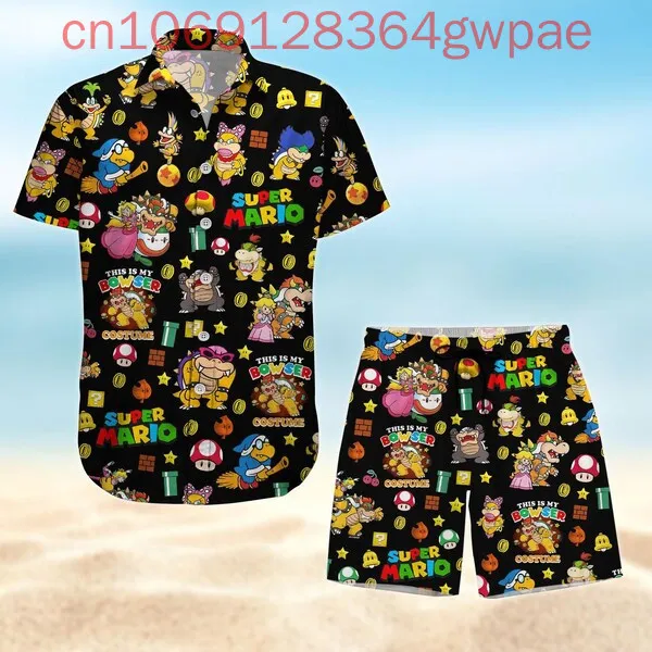 Super Mario Hawaiian Shirt Shorts Set Summer Men's Women's Casual Vacation Short Sleeve Beach Shirt and Shorts Two-Piece Set