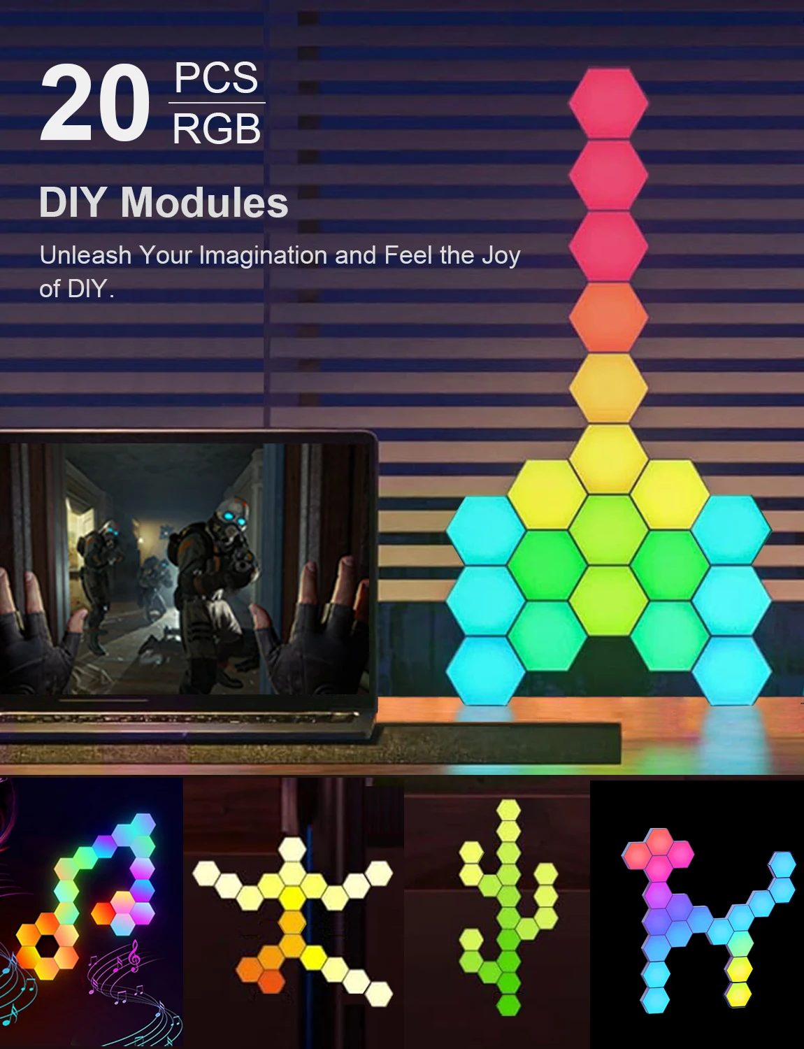 Fivemi RGB Inteligentna sześciokątna lampa ścienna zmieniająca kolor Ambient Night Light Hexagonal DYI Music Rhythm APP Control Pokój gier Sypialnia